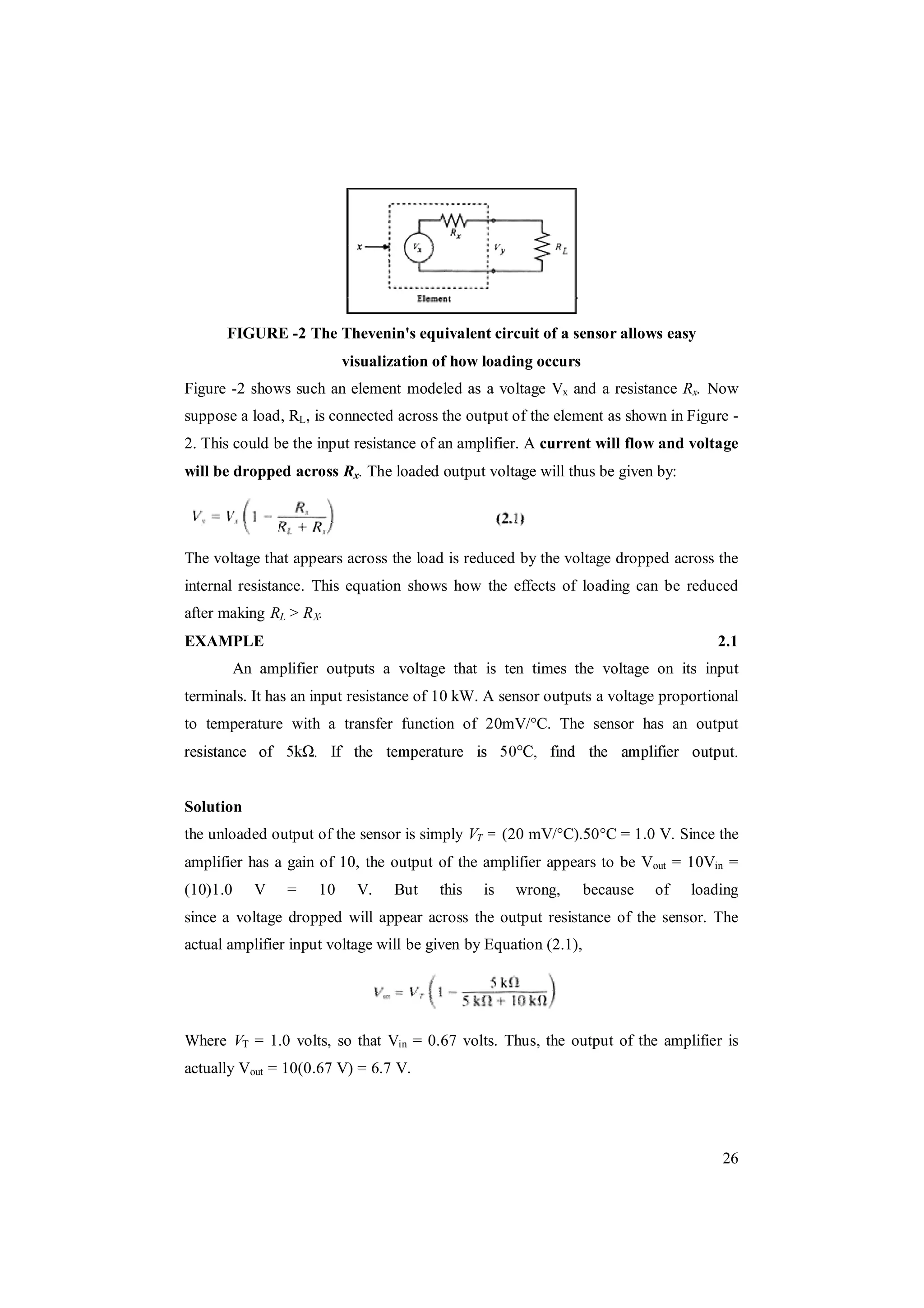 26
FIGURE -2 The Thevenin's equivalent circuit of a sensor allows easy
visualization of how loading occurs
Figure -2 shows such an element modeled as a voltage Vx and a resistance Rx. Now
suppose a load, RL, is connected across the output of the element as shown in Figure -
2. This could be the input resistance of an amplifier. A current will flow and voltage
will be dropped across Rx. The loaded output voltage will thus be given by:
The voltage that appears across the load is reduced by the voltage dropped across the
internal resistance. This equation shows how the effects of loading can be reduced
after making RL > RX.
EXAMPLE 2.1
An amplifier outputs a voltage that is ten times the voltage on its input
terminals. It has an input resistance of 10 kW. A sensor outputs a voltage proportional
to temperature with a transfer function of 20mV/°C. The sensor has an output
Solution
the unloaded output of the sensor is simply VT = (20 mV/°C).50°C = 1.0 V. Since the
amplifier has a gain of 10, the output of the amplifier appears to be Vout = 10Vin =
(10)1.0 V = 10 V. But this is wrong, because of loading
since a voltage dropped will appear across the output resistance of the sensor. The
actual amplifier input voltage will be given by Equation (2.1),
Where VT = 1.0 volts, so that Vin = 0.67 volts. Thus, the output of the amplifier is
actually Vout = 10(0.67 V) = 6.7 V.
 