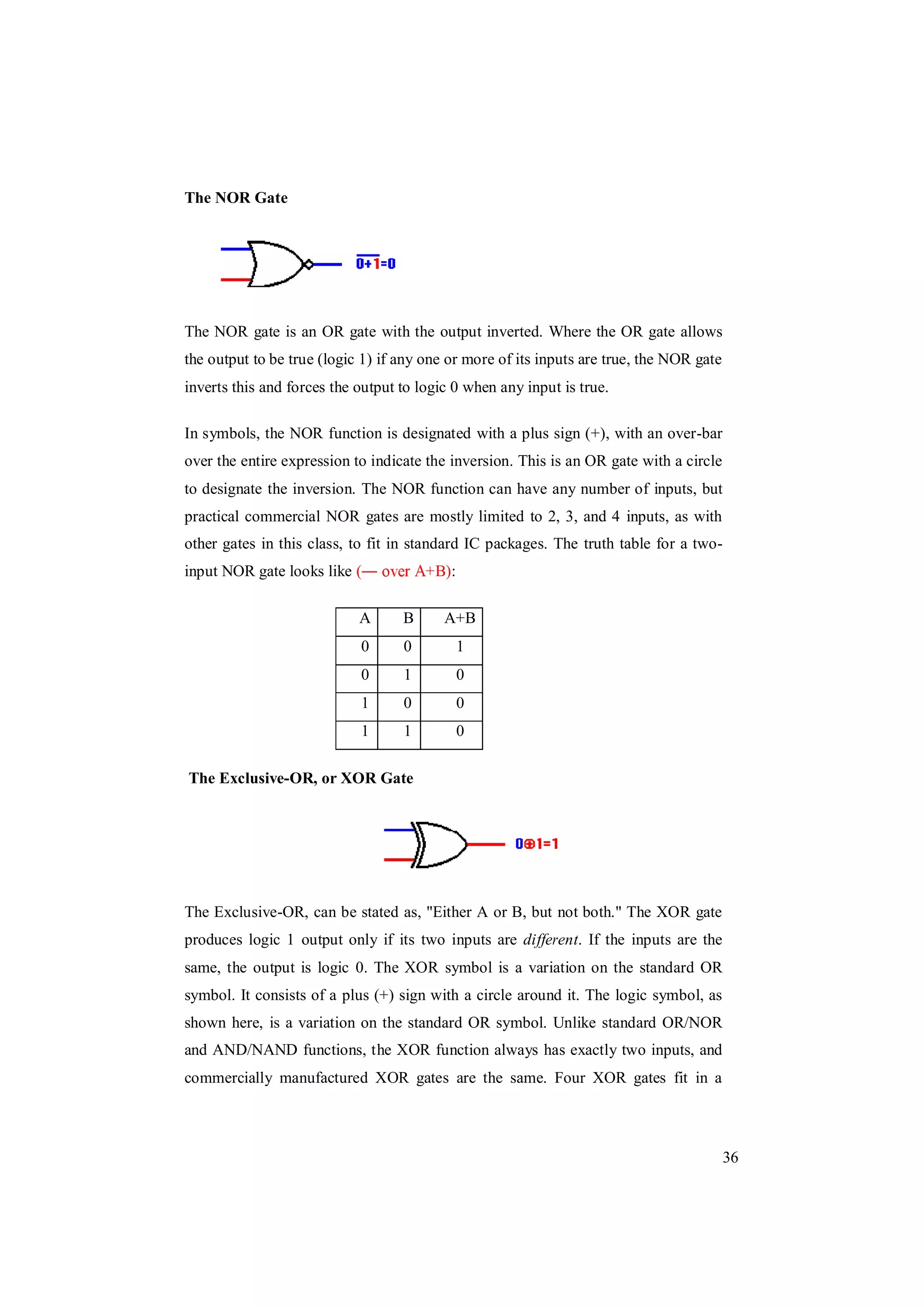 36
The NOR Gate
The NOR gate is an OR gate with the output inverted. Where the OR gate allows
the output to be true (logic 1) if any one or more of its inputs are true, the NOR gate
inverts this and forces the output to logic 0 when any input is true.
In symbols, the NOR function is designated with a plus sign (+), with an over-bar
over the entire expression to indicate the inversion. This is an OR gate with a circle
to designate the inversion. The NOR function can have any number of inputs, but
practical commercial NOR gates are mostly limited to 2, 3, and 4 inputs, as with
other gates in this class, to fit in standard IC packages. The truth table for a two-
input NOR gate looks like ( +B):
A B A+B
0 0 1
0 1 0
1 0 0
1 1 0
The Exclusive-OR, or XOR Gate
The Exclusive-OR, can be stated as, "Either A or B, but not both." The XOR gate
produces logic 1 output only if its two inputs are different. If the inputs are the
same, the output is logic 0. The XOR symbol is a variation on the standard OR
symbol. It consists of a plus (+) sign with a circle around it. The logic symbol, as
shown here, is a variation on the standard OR symbol. Unlike standard OR/NOR
and AND/NAND functions, the XOR function always has exactly two inputs, and
commercially manufactured XOR gates are the same. Four XOR gates fit in a
 