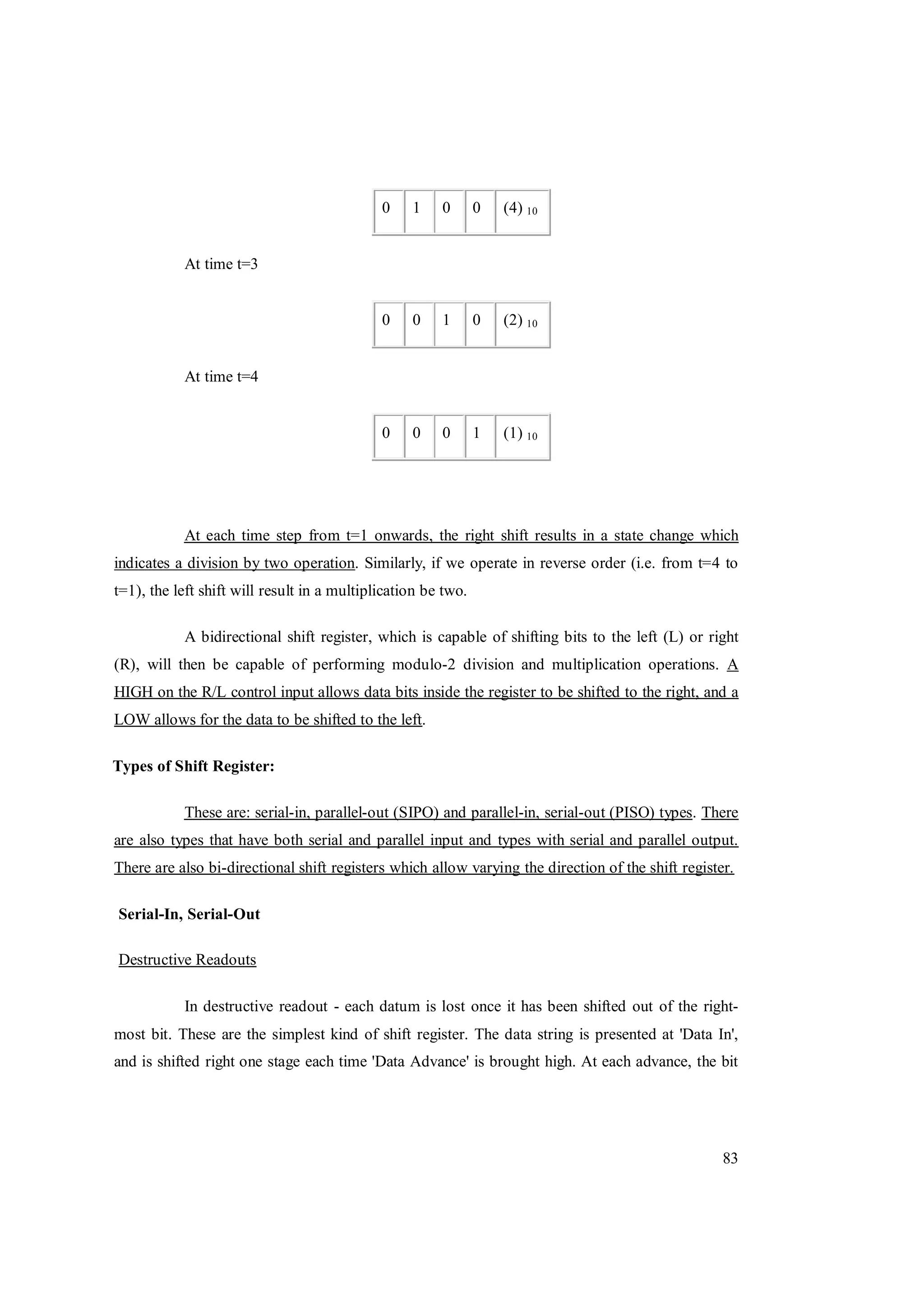 83
0 1 0 0 (4) 10
At time t=3
0 0 1 0 (2) 10
At time t=4
0 0 0 1 (1) 10
At each time step from t=1 onwards, the right shift results in a state change which
indicates a division by two operation. Similarly, if we operate in reverse order (i.e. from t=4 to
t=1), the left shift will result in a multiplication be two.
A bidirectional shift register, which is capable of shifting bits to the left (L) or right
(R), will then be capable of performing modulo-2 division and multiplication operations. A
HIGH on the R/L control input allows data bits inside the register to be shifted to the right, and a
LOW allows for the data to be shifted to the left.
Types of Shift Register:
These are: serial-in, parallel-out (SIPO) and parallel-in, serial-out (PISO) types. There
are also types that have both serial and parallel input and types with serial and parallel output.
There are also bi-directional shift registers which allow varying the direction of the shift register.
Serial-In, Serial-Out
Destructive Readouts
In destructive readout - each datum is lost once it has been shifted out of the right-
most bit. These are the simplest kind of shift register. The data string is presented at 'Data In',
and is shifted right one stage each time 'Data Advance' is brought high. At each advance, the bit
 