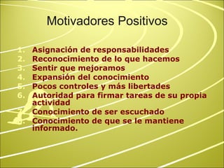 Motivadores Positivos Asignación de responsabilidades Reconocimiento de lo que hacemos Sentir que mejoramos Expansión del conocimiento Pocos controles y más libertades Autoridad para firmar tareas de su propia actividad Conocimiento de ser escuchado Conocimiento de que se le mantiene informado. 