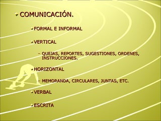 COMUNICACIÓN. FORMAL E INFORMAL VERTICAL QUEJAS, REPORTES, SUGESTIONES, ORDENES, INSTRUCCIONES. HORIZONTAL MEMORANDA, CIRCULARES, JUNTAS, ETC. VERBAL ESCRITA 
