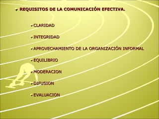 REQUISITOS DE LA COMUNICACIÓN EFECTIVA. CLARIDAD INTEGRIDAD APROVECHAMIENTO DE LA ORGANIZACIÓN INFORMAL EQUILIBRIO MODERACION DIFUSION EVALUACION 