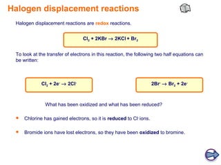 Halogen displacement reactions
 Halogen displacement reactions are redox reactions.


                                 Cl2 + 2KBr → 2KCl + Br2


 To look at the transfer of electrons in this reaction, the following two half equations can
 be written:



             Cl2 + 2e- → 2Cl-                                       2Br- → Br2 + 2e-



               What has been oxidized and what has been reduced?

    Chlorine has gained electrons, so it is reduced to Cl- ions.

    Bromide ions have lost electrons, so they have been oxidized to bromine.
 