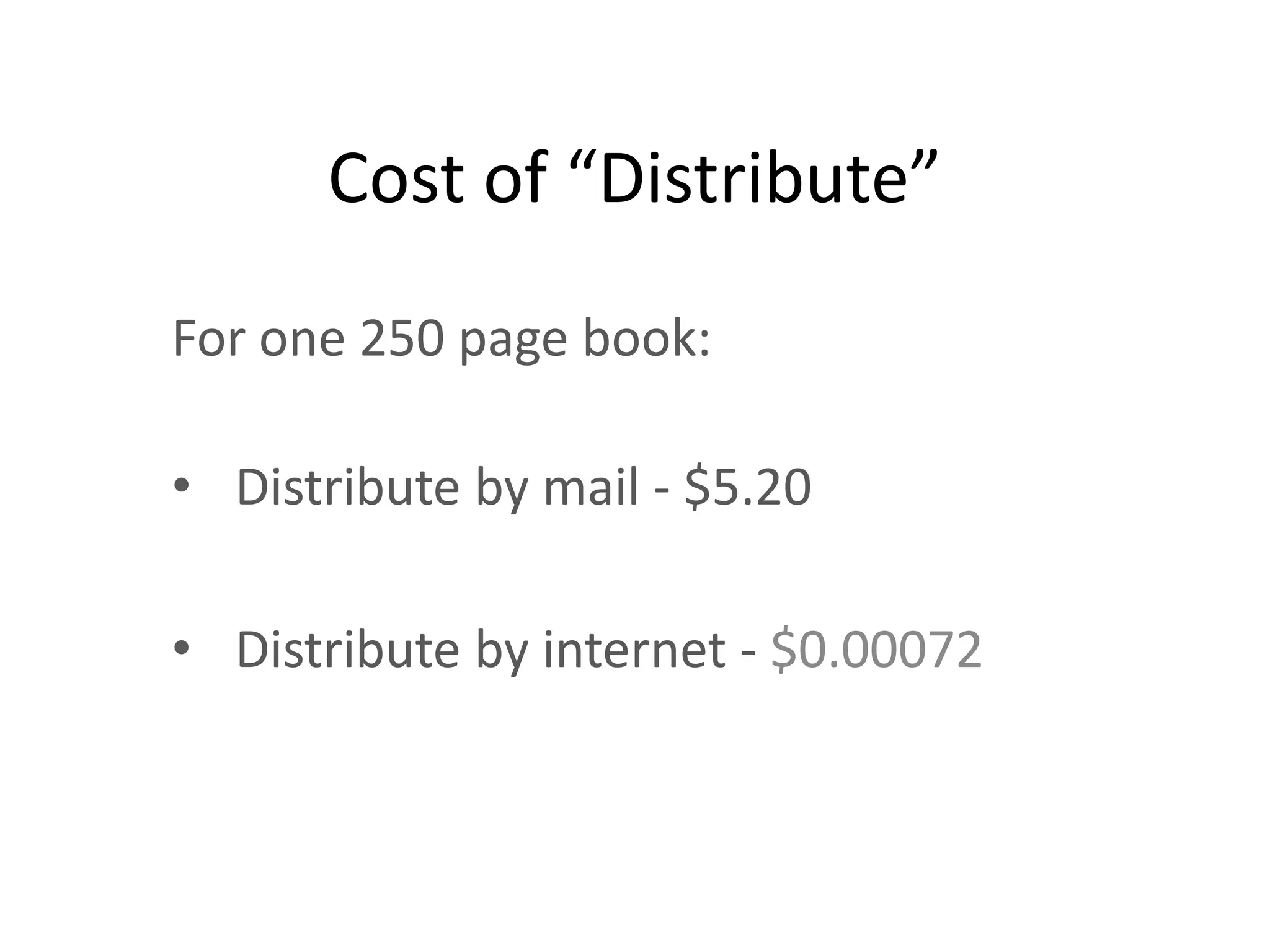 Cost of “Distribute”
For one 250 page book:

• Distribute by mail - $5.20

• Distribute by internet - $0.00072
 