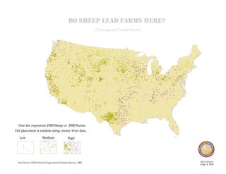 do sheep lead farms here?
(Contiguous United States)
Sara Connors
Geog 14, 2016
One dot represents 2500 Sheep or 2500 Farms.
Dot placement is random using county-level data.
Data Source: USDA National Acgricultural Statistics Service, 2002
SHASTA
COLLEGE CARTO
G
RAPHY
R
E
D
D
ING CALIFOR
N
IA
2016
Low Medium High
 
