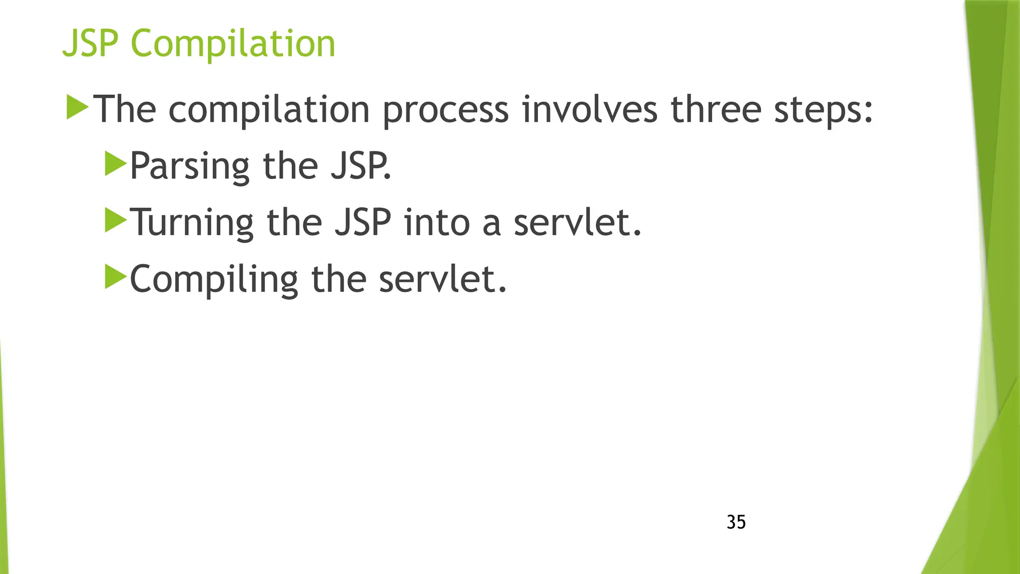 35
JSP Compilation
The compilation process involves three steps:
Parsing the JSP.
Turning the JSP into a servlet.
Compiling the servlet.
 