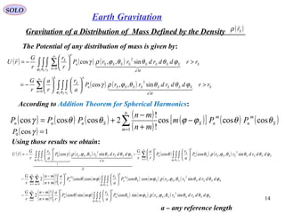 SOLO
14
Earth Gravitation
The Potential of any distribution of mass is given by:
( ) ( ) ( )
( ) ( ) S
n r Md
SSSSSSSSn
n
S
k
S
r Md
SSSSSSSS
k
n
n
S
rrddrdrrP
a
r
r
a
r
G
rrddrdrrP
r
r
r
G
rU
S S S
S S S
>











−=
>





−=
∑ ∫ ∫∫
∫ ∫∫ ∑
∞
=
∞
=
0
2
2
0
sin,,cos
sin,,cos
ϕ θ
ϕ θ
ϕθθθϕργ
ϕθθθϕργ
  
  

According to Addition Theorem for Spherical Harmonics:
( ) ( ) ( ) ( )
( )
( )[ ] ( ) ( )∑=
−
+
−
+=
n
m
S
m
n
m
nSSnnn PPm
mn
mn
PPP
1
coscoscos
!
!
2coscoscos θθϕϕθθγ
Using those results we obtain:
( ) 1cos0 =γP
( ) ( ) ( ) ( ) ( ) ( )
( )
( )
( ) ( ) ( ) ( ) ( )
( )
( )
( ) ( ) ( ) ( ) ( )∑ ∫ ∫ ∫
∑∑ ∫ ∫∫
∑ ∫ ∫ ∫∫ ∫ ∫
∞
=
∞
= =
∞
=












+
−
−












+
−
−












−





−=
1
2
1 0
2
1
22
1
0
0
sin,,sincossincos
!
!
2
sin,,coscoscoscos
!
!
2
sin,,coscossin,,cos
n r
SSSSSSSSSSn
n
S
n
n
n
n
m r
SSSSSSSSSS
m
n
n
Sm
n
n
n r
SSSSSSSSSn
n
S
n
n
M
r Md
SSSSSSSS
S
S S S
S S S
S S SS S S
ddrdrrmP
a
r
mP
r
a
mn
mn
r
G
ddrdrrmP
a
r
mP
r
a
mn
mn
r
G
ddrdrrP
a
r
P
r
a
r
G
ddrdrrP
a
r
r
G
rU
ϕ θ
ϕ θ
ϕ θϕ θ
ϕθθθϕρϕθϕθ
ϕθθθϕρϕθϕθ
ϕθθθϕρθθϕθθθϕργ
  
  
  

Gravitation of a Distribution of Mass Defined by the Density ( )Sr

ρ
a – any reference length
 