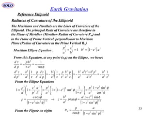 SOLO
33
Reference Ellipsoid
The Meridians and Parallels are the Lines of Curvature of the
Ellipsoid. The principal Radii of Curvature are therefore in
the Plane of Meridian (Meridian Radius of Curvature RM) and
in the Plane of Prime Vertical, perpendicular to Meridian
Plane (Radius of Curvature in the Prime Vertical RN)
Radiuses of Curvature of the Ellipsoid
Meridian Ellipse Equation: ( ) 222
2
2
2
2
11 aeb
b
z
a
p
−==+
From this Equation, at any point (x,y) on the Ellipse, we have:
φtan
1
2
2
−=−=
az
bp
pd
zd
32
4
32
2222
2
2
2
2
22
2
22
2
2
2
111
za
b
za
pbza
a
b
z
p
a
b
z
p
za
b
pd
zd
z
p
za
b
pd
zd
−=
+
−=





+−=





−−=
From the Ellipse Equation:
( ) φ
φ
φ 2
22
2
2
2
222
2
2
2
2
2
2
2
2
cos
sin1
1
1
tan1111
e
a
p
e
e
a
p
b
a
p
z
a
p −
=





−
−+=





+=
( )
( )
( ) 2/122
2
2
2
2/122
sin1
sin1
tan
sin1
cos
φ
φ
φ
φ
φ
e
ea
p
a
b
z
e
a
p
−
−
==→
−
=
From the Figure on right:
( ) 2/122
sin1cos φφ e
ap
RN
−
==
Earth Gravitation
 