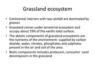 Grassland ecosystem
• Continental interiors with law rainfall are dominated by
grasses
• Grassland comes under terrestrial ecosystem and
occupy about 19% of the earths total surface.
• The abiotic components of grassland ecosystems are
the nutrients of the environment- supplied by carbon
dioxide, water, nitrates, phosphates and sulphates
present in the air and soil of the area
• Biotic components includes producers, consumer sand
decomposers in the grassland
 