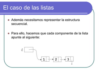 El caso de las listas
 Además necesitamos representar la estructura
secuencial.
 Para ello, hacemos que cada componente de la lista
apunte al siguiente:
 
