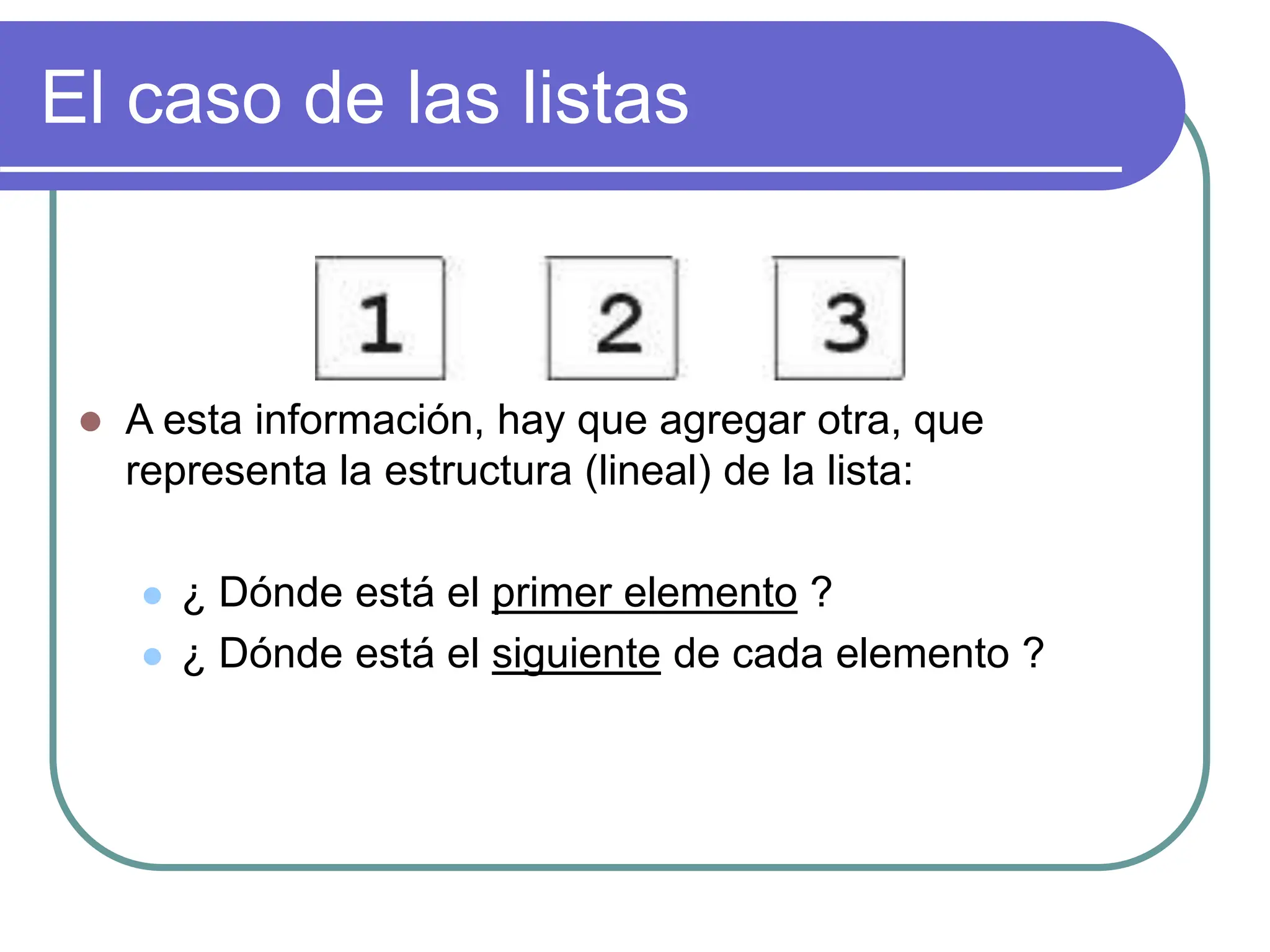 El caso de las listas
 A esta información, hay que agregar otra, que
representa la estructura (lineal) de la lista:
 ¿ Dónde está el primer elemento ?
 ¿ Dónde está el siguiente de cada elemento ?
 