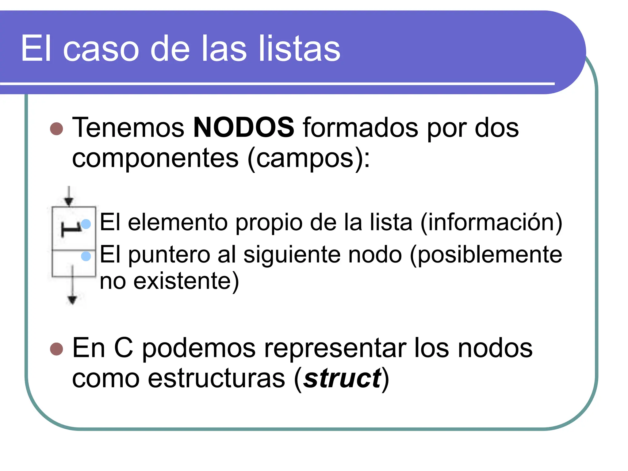 El caso de las listas
 Tenemos NODOS formados por dos
componentes (campos):
 El elemento propio de la lista (información)
 El puntero al siguiente nodo (posiblemente
no existente)
 En C podemos representar los nodos
como estructuras (struct)
 