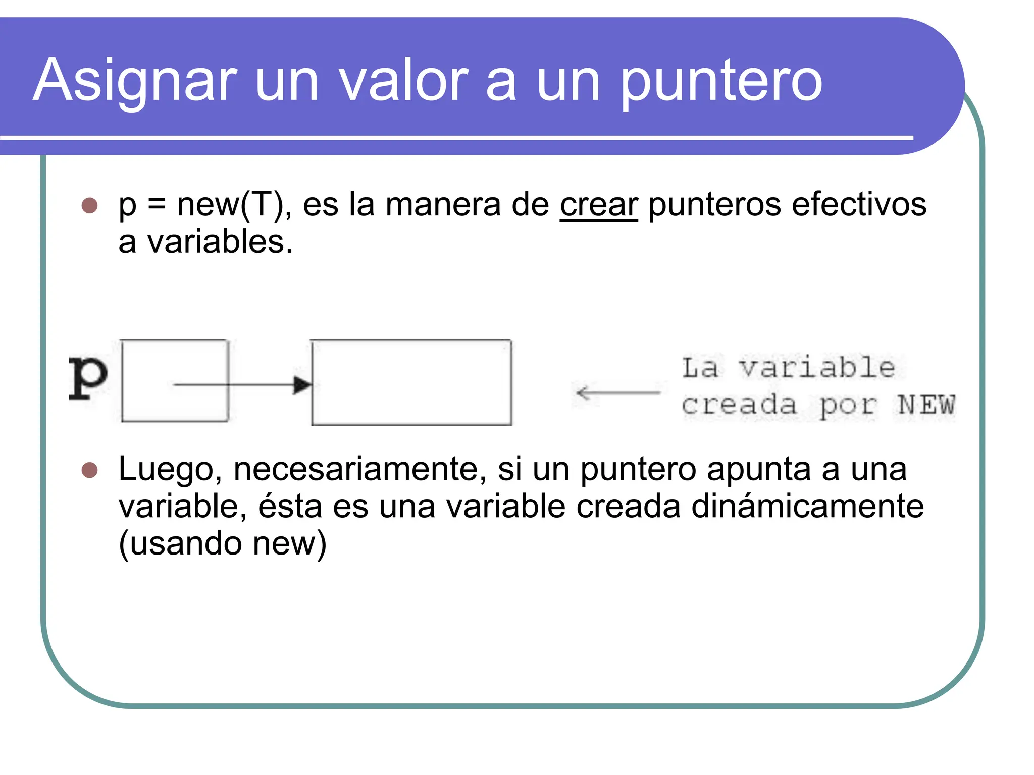 Asignar un valor a un puntero
 p = new(T), es la manera de crear punteros efectivos
a variables.
 Luego, necesariamente, si un puntero apunta a una
variable, ésta es una variable creada dinámicamente
(usando new)
 
