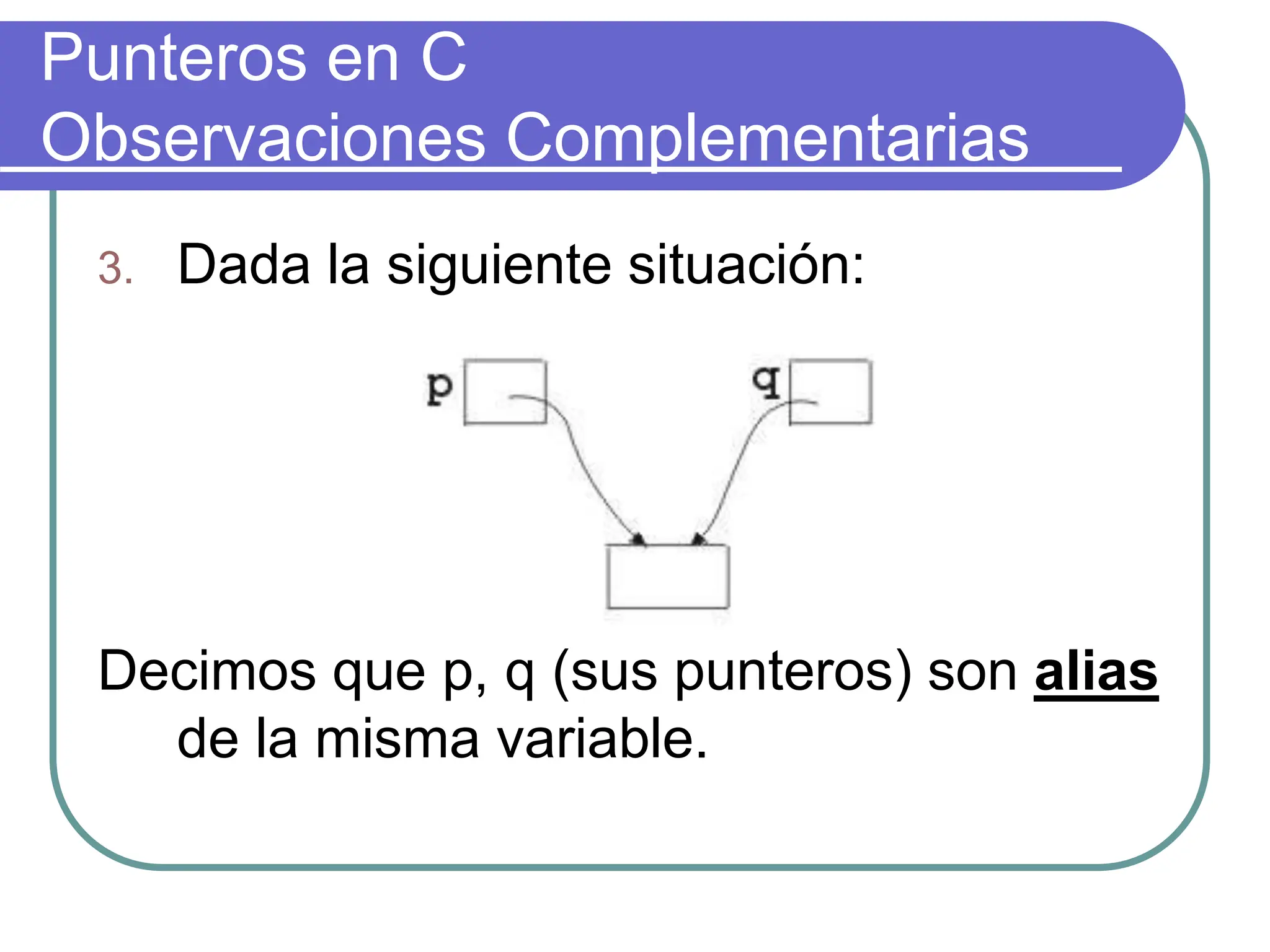 Punteros en C
Observaciones Complementarias
3. Dada la siguiente situación:
Decimos que p, q (sus punteros) son alias
de la misma variable.
 