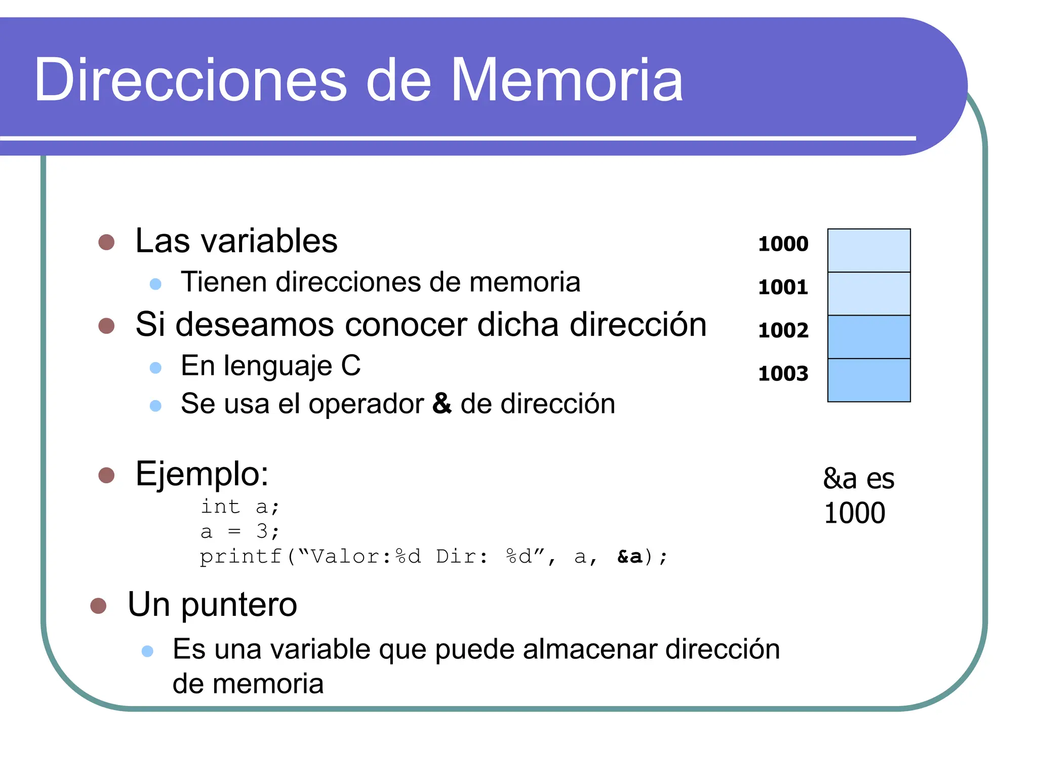 Direcciones de Memoria
1000
1001
1002
1003
&a es
1000
 Las variables
 Tienen direcciones de memoria
 Si deseamos conocer dicha dirección
 En lenguaje C
 Se usa el operador & de dirección
 Ejemplo:
int a;
a = 3;
printf(“Valor:%d Dir: %d”, a, &a);
 Un puntero
 Es una variable que puede almacenar dirección
de memoria
 