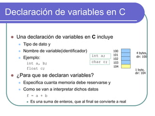 Declaración de variables en C
 Una declaración de variables en C incluye
 Tipo de dato y
 Nombre de variable(identificador)
 Ejemplo:
int a, b;
float c;
 ¿Para que se declaran variables?
 Especifica cuanta memoria debe reservarse y
 Como se van a interpretar dichos datos
f = a + b
 Es una suma de enteros, que al final se convierte a real
int a;
4 bytes,
dir: 100
1 byte,
dir: 104
100
101
102
103
104
char c;
 
