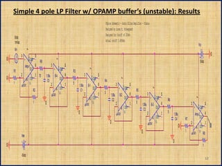 Simple 4 pole LP Filter w/ OPAMP buffer’s (unstable): Results
                                                                                                                PSpice Schematic - Audio Filter/Amplifier - Stable
                                                                                                                Designed by Loren K. Schwappach
                                                                                                                Designed for Cutoff of 20kHz
    0Vdc
    1mVac                                                                                                       Actual cutoff 5.689kHz
                                                                                                                                                                                                                              Vcc
    Vin
                    7




            3                   5                                                                                                                                                                                                            0
                     V+




0
                                                         7

                +         OS2       R9                                                                                                                                                                                         5Vdc
                  Amp-1         6                3                    5
                                                           V+




                                                                                               7
    R1                 OUT                           +          OS2       R3
            2           1 70             1.59u       B-4              6                3                    5


                                                                                                 V+
0




                                                                                                                                      7
               - 4 OS1                    C5                 OUT                           +          OS2       R4
    1                                                                     5
            uA741 V-                             2                    1        1.59u       B-1              6                 3                    5




                                                                                                                                        V+




                                                                                                                                                                            7
                      R2                            - 4 OS1                     C1                 OUT                            +          OS2       R5
                                                                                                                5
                                                 uA741 V-                              2                    1         1.59u       B-2              6                3                    5




                                                                                                                                                                              V+




                                                                                                                                                                                                                          7
                                                                                          - 4 OS1                      C2                 OUT                           +          OS2       R6
                            1            0                                                                                                             5
                                                                                       uA741 V-                               2                    1        1.59u       B-3              6                        3                     5




                                                                                                                                                                                                                          V+
                                                                                                                                 - 4 OS1                     C3                 OUT                                   +        OS2
                                                                               0                                                                                                             5
                                                                                                                              uA741 V-                              2                    1        1.59u              Amp-2 6
                                                                                                                                                                       - 4 OS1                     C4         R7          OUT
                                                                                                                     0                                              uA741 V-                                     2            1
                                                                                                                                                                                                          0         - 4 OS1
                                                                                                                                                            0                                                 1
                                                                                                                                                                                                                 uA741 V- R8
            Vee
                                                                                                                                                                                                  0
0                                                                                                                                                                                                                                   1

            -5Vdc
                                                                                                                                                                                                                                        12
 
