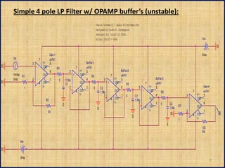 Simple 4 pole LP Filter w/ OPAMP buffer’s (unstable):
                                                                                   PSpice Schematic - Audio Filter/Amplifer
                                                                                   Designed by Loren K. Schwappach
                                                                                   Designed for Cutoff of 20kHz
                                                                                   Actual Cutoff = 6kHz                                                                             Vcc

                                                                                                                                                                                                  0
                                       Gain-1                                                                                                                                       5Vdc
    Vin                     7          uA741
                    3           V+     5                               Buffer-1
0                       +       OS2             R3               7     uA741
                                       6                     3     V+ 5                               Buffer-2
    1mVac R1                    OUT                            +   OS2      R4                  7     uA741
    0Vdc            2                  1         5       1.59u         6                    3     V+ 5                                Buffer-3
0                       - 4 OS1                          C1        OUT                        +   OS2      R5                   7     uA741
                1           V-                               2         1       5        C2            6                     3     V+ 5                                               Gain-4
                                                               - 4 OS1                  1.59u     OUT                         +   OS2      R6                             7          uA741
                                                                   V-                       2         1 5               C3            6                           3           V+     5
                                  R2                                                          - 4 OS1                   1.59u     OUT                                 +       OS2
                                                                                                  V-                        2         1 5            C4                              6
                                                     0                                                                        - 4 OS1                        R7               OUT
                                                                                    0                                                                1.59u
                                      50                                                                                          V-                              2                  1
                                                                                                                                                     0                - 4 OS1
                                                                                                                    0                                                     V-
                                                                                                                                                             1
                                                                                                                                                 0
                                                                                                                                                                                    100
                                                                                                                                                                                    R8

          Vee

0
          -5Vdc
                                                                                                                                                                                              7
 