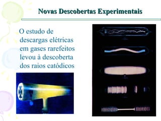 Novas Descobertas Experimentais O estudo de descargas elétricas em gases rarefeitos levou à descoberta dos raios catódicos 
