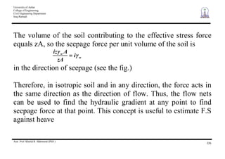 University of Anbar
College of Engineering
Civil Engineering Department
Iraq-Ramadi
Asst. Prof. Khalid R. Mahmood (PhD.)
226
The volume of the soil contributing to the effective stress force
equals zA, so the seepage force per unit volume of the soil is
w
w
i
zA
Aiz
in the direction of seepage (see the fig.)
Therefore, in isotropic soil and in any direction, the force acts in
the same direction as the direction of flow. Thus, the flow nets
can be used to find the hydraulic gradient at any point to find
seepage force at that point. This concept is useful to estimate F.S
against heave
 