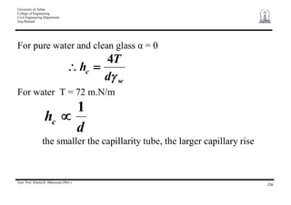 University of Anbar
College of Engineering
Civil Engineering Department
Iraq-Ramadi
Asst. Prof. Khalid R. Mahmood (PhD.)
236
For pure water and clean glass = 0
w
c
d
T
h
4
For water T = 72 m.N/m
d
hc
1
the smaller the capillarity tube, the larger capillary rise
 