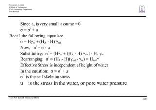 University of Anbar
College of Engineering
Civil Engineering Department
Iraq-Ramadi
Asst. Prof. Khalid R. Mahmood (PhD.)
220
Since as is very small, assume = 0
= /
+ u
Recall the following equation:
= H w + (HA - H) sat
Now, /
= - u
Substituting: /
= [H w + (HA - H) sat] - HA w
Rearranging: /
= (HA - H)( sat - w) = Hsoil
/
Effective Stress is independent of height of water
In the equation: = /
+ u
/
is the soil skeleton stress
u is the stress in the water, or pore water pressure
 