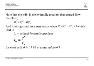 University of Anbar
College of Engineering
Civil Engineering Department
Iraq-Ramadi
Asst. Prof. Khalid R. Mahmood (PhD.)
223
Note that the h/H2 is the hydraulic gradient that caused flow
therefore,
wc izz
And limiting conditions may occur when 0wc izz which
lead to
icr = critical hydraulic gradient
w
cri
for most soils 0.9-1.1 ith average value of 1
 