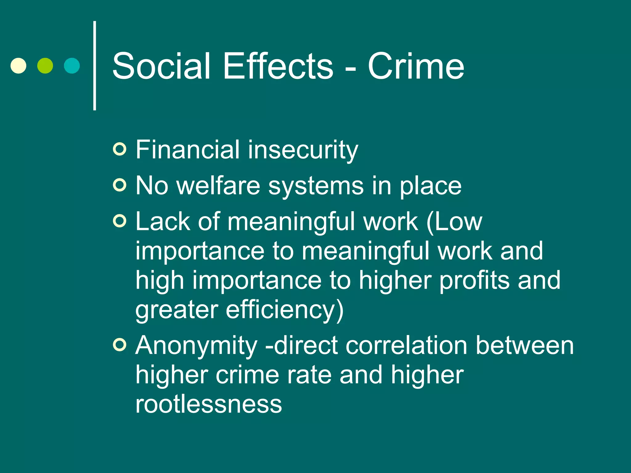 Social Effects - Crime Financial insecurity No welfare systems in place Lack of meaningful work (Low importance to meaningful work and high importance to higher profits and greater efficiency) Anonymity -direct correlation between higher crime rate and higher rootlessness  