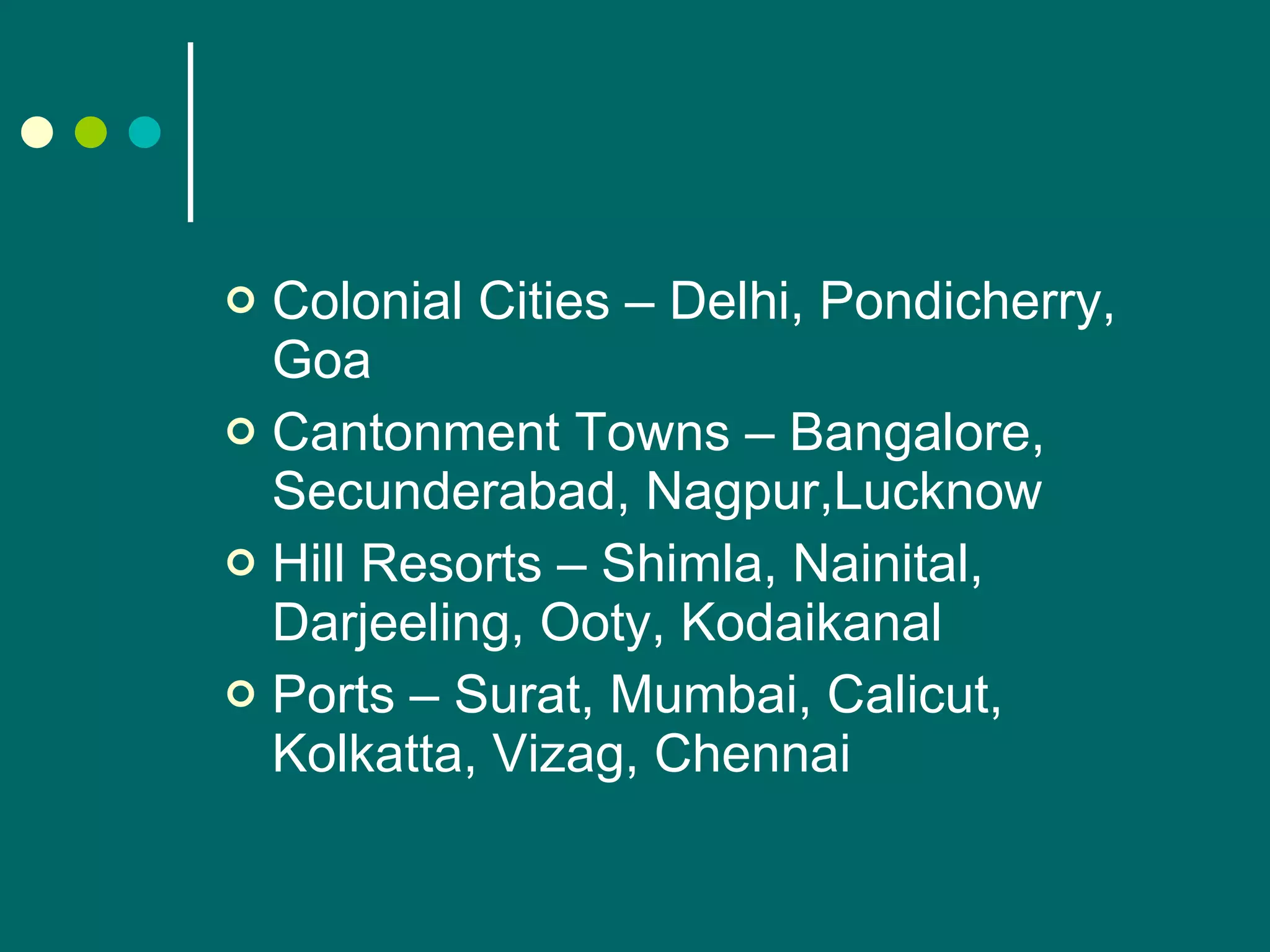 Colonial Cities – Delhi, Pondicherry, Goa Cantonment Towns – Bangalore, Secunderabad, Nagpur,Lucknow Hill Resorts – Shimla, Nainital, Darjeeling, Ooty, Kodaikanal Ports – Surat, Mumbai, Calicut, Kolkatta, Vizag, Chennai 