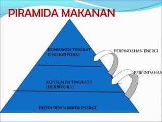 PIRAMIDA MAKANAN
PRODUSEN(SUMBERENERGI)
KONSUMENTINGKATI
(HERBIVORA)
KONSUMENTINGKAT
II(KARNIVORA)
PERPINDAHAN ENERGI
PERPINDAHAN
 