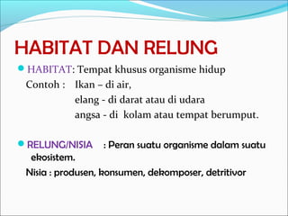 HABITAT DAN RELUNG
HABITAT: Tempat khusus organisme hidup
Contoh : Ikan – di air,
elang - di darat atau di udara
angsa - di kolam atau tempat berumput.
RELUNG/NISIA : Peran suatu organisme dalam suatu
ekosistem.
Nisia : produsen, konsumen, dekomposer, detritivor
 