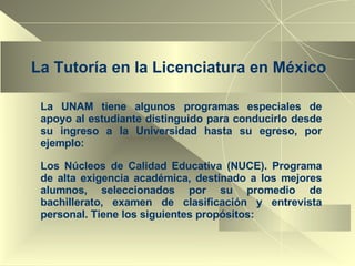 La Tutoría en la Licenciatura en México La UNAM tiene algunos programas especiales de apoyo al estudiante distinguido para conducirlo desde su ingreso a la Universidad hasta su egreso, por ejemplo: Los Núcleos de Calidad Educativa (NUCE). Programa de alta exigencia académica, destinado a los mejores alumnos, seleccionados por su promedio de bachillerato, examen de clasificación y entrevista personal. Tiene los siguientes propósitos: 