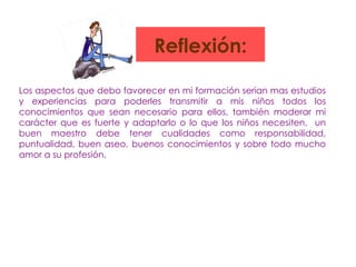 Reflexión:

Los aspectos que debo favorecer en mi formación serian mas estudios
y experiencias para poderles transmitir a mis niños todos los
conocimientos que sean necesario para ellos, también moderar mi
carácter que es fuerte y adaptarlo o lo que los niños necesiten, un
buen maestro debe tener cualidades como responsabilidad,
puntualidad, buen aseo, buenos conocimientos y sobre todo mucho
amor a su profesión.
 