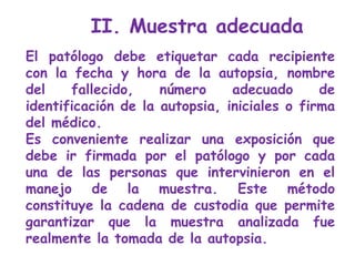 El patólogo debe etiquetar cada recipiente con la fecha y hora de la autopsia, nombre del fallecido, número adecuado de identificación de la autopsia, iniciales o firma del médico. Es conveniente realizar una exposición que debe ir firmada por el patólogo y por cada una de las personas que intervinieron en el manejo de la muestra. Este método constituye la cadena de custodia que permite garantizar que la muestra analizada fue realmente la tomada de la autopsia. II. Muestra adecuada 