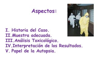Historia del Caso.  Muestra adecuada.  Análisis Toxicológico.  Interpretación de los Resultados.  Papel de la Autopsia. Aspectos: 