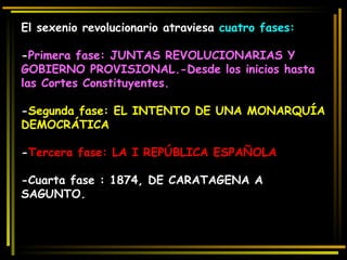 El sexenio revolucionario atraviesa  cuatro fases: - Primera fase: JUNTAS REVOLUCIONARIAS Y GOBIERNO PROVISIONAL.-Desde los inicios hasta las Cortes Constituyentes. - Segunda fase: EL INTENTO DE UNA MONARQUÍA DEMOCRÁTICA - Tercera fase: LA I REPÚBLICA ESPAÑOLA -Cuarta fase : 1874, DE CARATAGENA A SAGUNTO. 