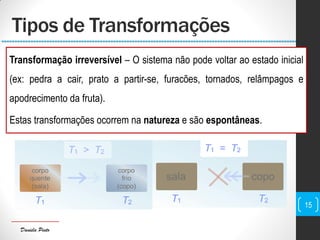 Daniela Pinto
Tipos de Transformações
15
Transformação irreversível – O sistema não pode voltar ao estado inicial
(ex: pedra a cair, prato a partir-se, furacões, tornados, relâmpagos e
apodrecimento da fruta).
Estas transformações ocorrem na natureza e são espontâneas.
 