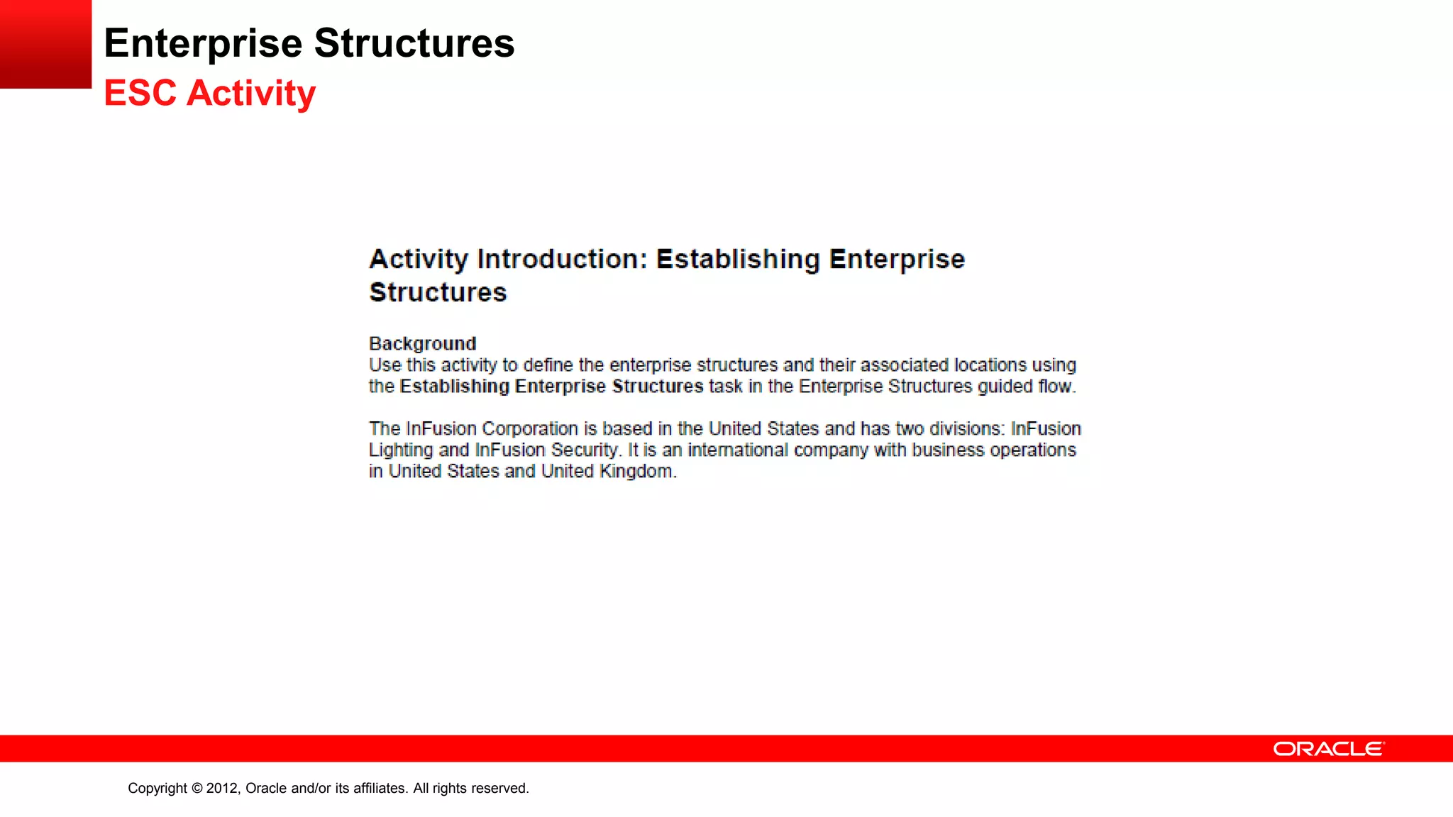 Copyright © 2012, Oracle and/or its affiliates. All rights reserved.
Enterprise Structures
ESC Activity
 