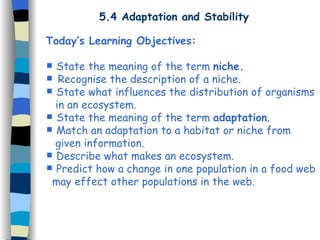 5.4 Adaptation and Stability Today’s Learning Objectives: State the meaning of the term  niche. Recognise the description of a niche. State what influences the distribution of organisms  in an ecosystem. State the meaning of the term  adaptation . Match an adaptation to a habitat or niche from  given information. Describe what makes an ecosystem. Predict how a change in one population in a food web  may effect other populations in the web. 