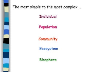 The most simple to the most complex … Community Population Individual Ecosystem Biosphere 