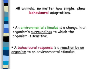 All animals, no matter how simple, show  behavioural  adaptations. An  environmental stimulus  is a change in an organism’s  surroundings  to which the organism is sensitive. A  behavioural response  is a  reaction by an organism  to an environmental stimulus. 