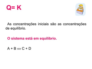 Q= K
As concentrações iniciais são as concentrações
de equilíbrio.
O sistema está em equilíbrio.
A + B ⇔ C + D
 