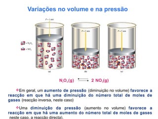 Variações no volume e na pressão
N2O4 (g) 2 NO2(g)
Em geral, um aumento de pressão (diminuição no volume) favorece a
reacção em que há uma diminuição do número total de moles de
gases (reacção inversa, neste caso)
Uma diminuição da pressão (aumento no volume) favorece a
reacção em que há uma aumento do número total de moles de gases
(neste caso, a reacção directa).
 