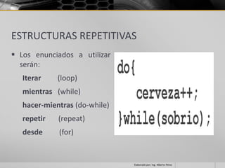 ESTRUCTURAS REPETITIVAS
 Los enunciados a utilizar
  serán:
   Iterar    (loop)
   mientras (while)
   hacer-mientras (do-while)
   repetir   (repeat)
   desde     (for)


                               Elaborado por; Ing. Alberto Pérez
 