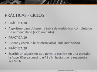 PRÁCTICAS - CICLOS
 PRÁCTICA 18
 Algoritmo para obtener la tabla de multiplicar completa de
  un número dado (ciclo anidado)
 PRÁCTICA 19
 Buscar y escribir la primera vocal leída del teclado
 PRÁCTICA 20
 Escribir un algoritmo que permita escribir en una pantalla
  la frase ¿Desea continuar? S / N hasta que la respuesta
  sea S o N

                                      Elaborado por; Ing. Alberto Pérez
 
