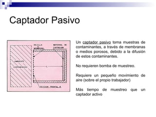 Captador Pasivo Un  captador pasivo  toma muestras de contaminantes, a través de membranas o medios porosos, debido a la difusión de estos contaminantes. No requieren bomba de muestreo. Requiere un pequeño movimiento de aire (sobre el propio trabajador) Más tiempo de muestreo que un captador activo 