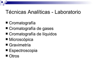Técnicas Analíticas - Laboratorio Cromatografía Cromatografía de gases Cromatografía de líquidos Microscópica Gravimetría Espectroscopia Otros 