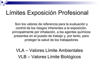Límites Exposición Profesional Son los valores de referencia para la evaluación y control de los riesgos inherentes a la exposición, principalmente por inhalación, a los agentes químicos presentes en el puesto de trabajo y, por tanto, para proteger la salud de los trabajadores VLA – Valores Límite Ambientales VLB – Valores Límite Biológicos 