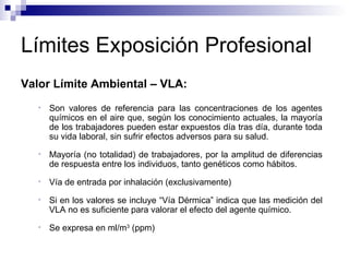 Límites Exposición Profesional Valor Límite Ambiental – VLA:   Son valores de referencia para las concentraciones de los agentes químicos en el aire que, según los conocimiento actuales, la mayoría de los trabajadores pueden estar expuestos día tras día, durante toda su vida laboral, sin sufrir efectos adversos para su salud. Mayoría (no totalidad) de trabajadores, por la amplitud de diferencias de respuesta entre los individuos, tanto genéticos como hábitos. Vía de entrada por inhalación (exclusivamente) Si en los valores se incluye “Vía Dérmica” indica que las medición del VLA no es suficiente para valorar el efecto del agente químico. Se expresa en ml/m 3  (ppm) 