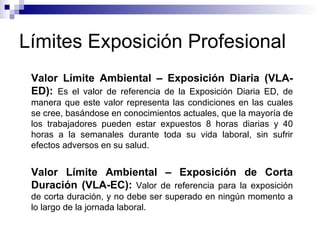 Límites Exposición Profesional Valor Límite Ambiental – Exposición Diaria (VLA-ED):  Es el valor de referencia de la Exposición Diaria ED, de manera que este valor representa las condiciones en las cuales se cree, basándose en conocimientos actuales, que la mayoría de los trabajadores pueden estar expuestos 8 horas diarias y 40 horas a la semanales durante toda su vida laboral, sin sufrir efectos adversos en su salud. Valor Límite Ambiental – Exposición de Corta Duración (VLA-EC):  Valor de referencia para la exposición de corta duración, y no debe ser superado en ningún momento a lo largo de la jornada laboral. 
